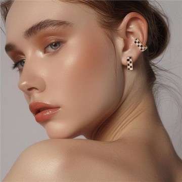 2024新款潮氣質顯檔次黑白方格耳扣輕奢耳環耳飾925銀針高級感耳