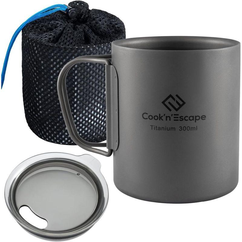 COOK'N'ESCAPE チタン ダブルマグ アウトドアマグカップ 300ml 蓋付き 折りたたみハンドル付き 専用収納袋付 ソロキャンプ