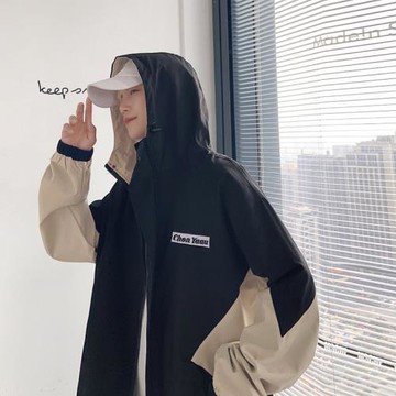 工裝夾克男秋季新款拼色連帽外套美式復古機能沖衣服男士運動服潮