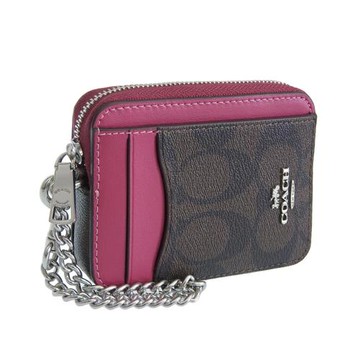 【COACH】撞色卡片拉鍊零錢包-咖啡紫玫