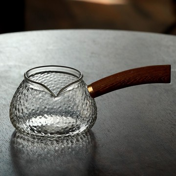 日式錘紋玻璃側把公道杯單個功夫茶具木柄分茶器家用木把泡茶公杯