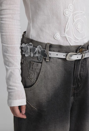 Floral Belt 銀色手工花朵編織皮帶