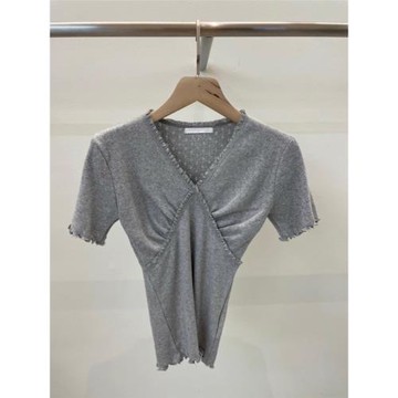 韓國東大門2025春夏新款純色修身彈力木耳花邊V領短袖T恤女打底衫