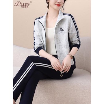 花色運動套裝女2024新款春秋顯瘦減齡中年媽媽開衫外套休閑兩件套