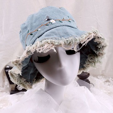 設計師款水洗做舊小檐流蘇牛仔帽子女文藝小清新刺繡遮陽漁夫帽1入