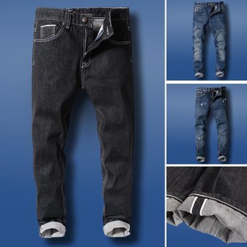 四季款原宿風潮男重磅原色未脫漿黑牛赤耳丹寧牛仔褲男小直筒修身