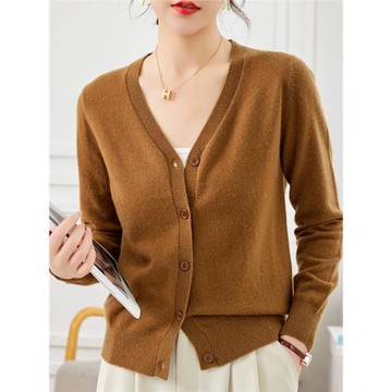 100%純羊毛衫V領針織開衫女裝短款秋冬寬松大碼毛衣上衣外套早秋