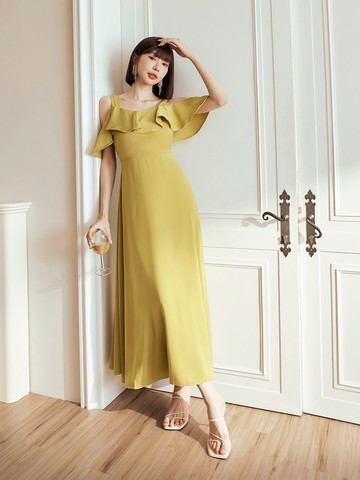荷葉領露背綁帶寬肩帶長洋裝