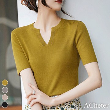 【ACheter】春夏雲泥之別細膩德國揚子細短袖V領針織衫短版上衣 # 116957(現貨+預購)