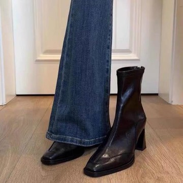 羊皮韓版方頭高跟瘦瘦靴短靴女粗跟復古馬丁靴英倫風短筒加絨單靴