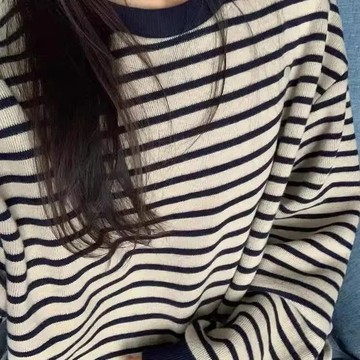 衛衣女  美式條紋圓領衛衣加絨加厚女秋冬寬鬆慵懶風無帽外套  新款爆款