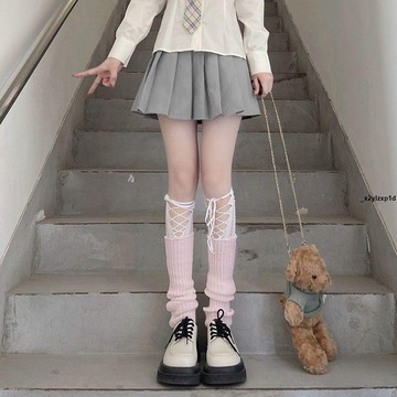 中筒襪 小腿襪 純欲學院風鏤空綁帶堆堆襪套女高顏值森系甜酷辣妹拼接豎條紋腿套