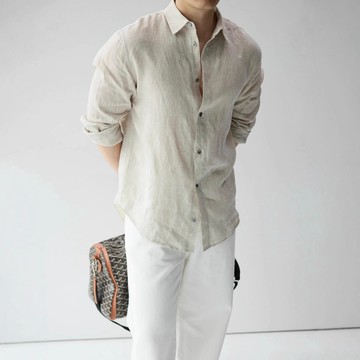 春秋亞麻慵懶老錢風休閑長袖襯衫男寬松輕盈透氣松弛感純色襯衣鑫弘-衣錦男裝