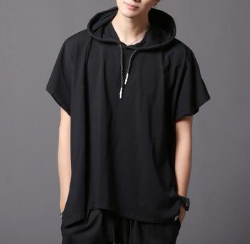 FINDSENSE MD 韓國 潮 男 街頭 夜店 髮型師 暗黑 寬鬆連帽 短T上衣 特色短T 短袖T恤