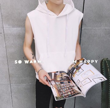 FINDSENSE品牌 時尚潮流 男 寬鬆 休閒 素面連帽馬甲 背心 無袖T恤