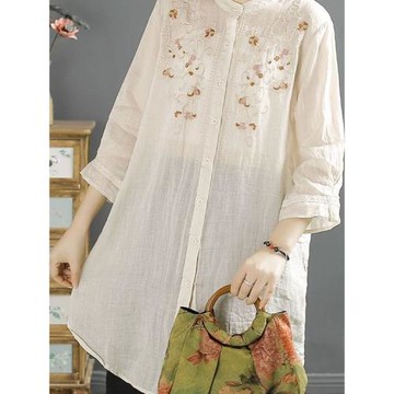 夏季刺繡苧麻襯衫女中長款時尚寬松立領單排扣休閑七分袖開衫上衣