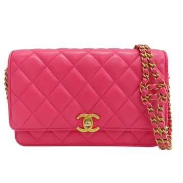 CHANEL 香奈兒 桃紅色 羊皮 WOC 雙鏈包 金釦 【二手名牌BRAND OFF】