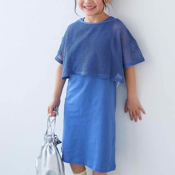 日本 devirock - 時尚女孩網格上衣+素色背心裙二件組-水藍