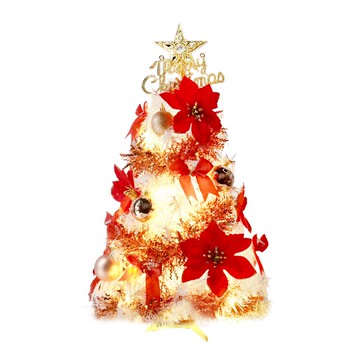 摩達客 台灣製2尺(60cm)精緻白色聖誕樹+熱情西班牙聖誕花紅金系飾品組+50燈LED燈