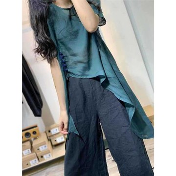 (免運)夏季 原創復古文藝撞色盤扣個性前短后長寬松休閑薄款麻料襯衫女