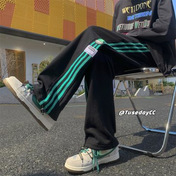 褲子男款春秋新款側邊條紋運動褲男美式復古直筒褲男士休閑衛褲潮