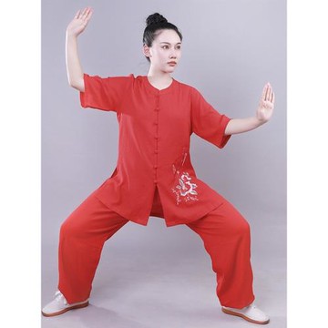 夏季太極服女圓領珍珠扣棉麻短袖武術服中老年太極拳八段錦練功服