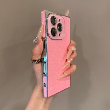 奢華 方形直邊 電鍍閃粉 防摔手機殼 用於iPhone16 15 Pro MAX 14 13 保護殼 耐摔防震 直邊保護