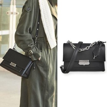 MICHAEL KORS Cece 銀色壓扣鎖頭掀蓋銀鏈兩用包(中-黑色)