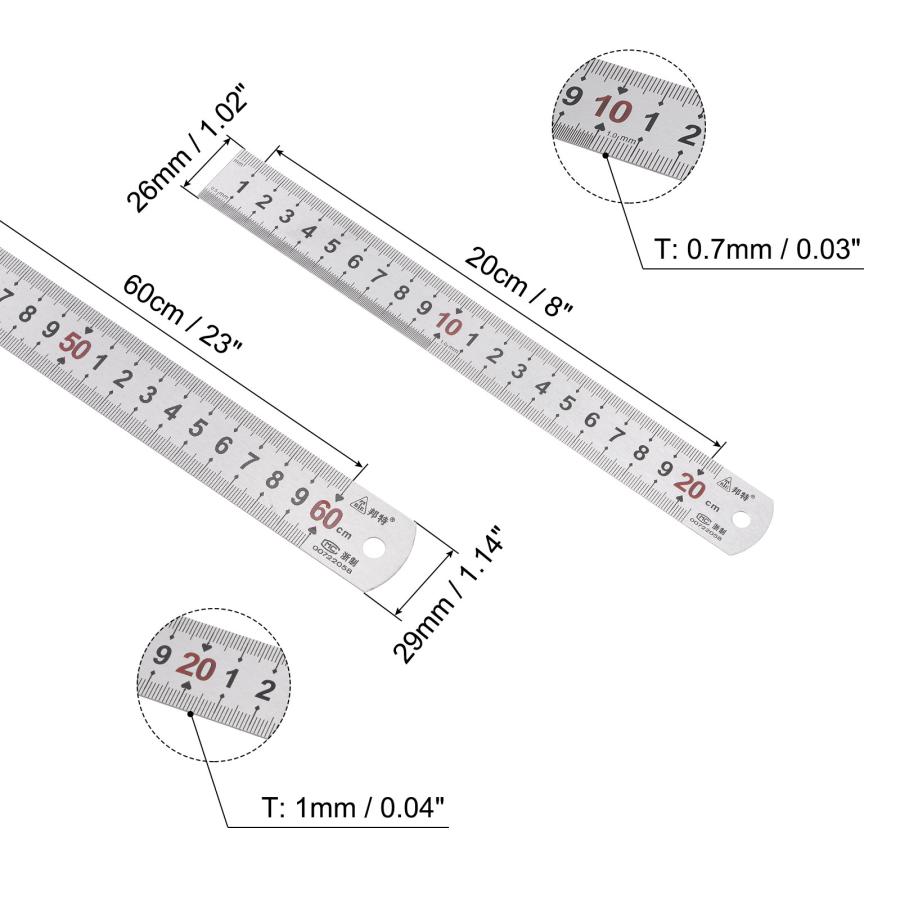 uxcell ステンレス定規 20 cmと60 cm 直定規測定ツール 六角HBペンシル付き
