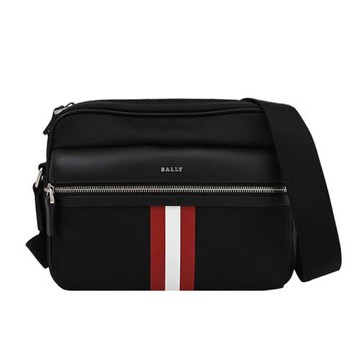 BALLY 6238426 THAREK 經典帆布條紋款拉鍊斜背包.黑
