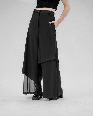 MUKK DESIGN 異材質拼接不對稱壓褶寬褲裙