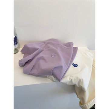 紫色刺繡短袖正肩t恤女裝夏季2025新款歐貨寬松大版洋氣減齡上衣