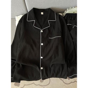 云朵純棉紗男士睡衣春秋款長袖簡約黑色高級感外穿家居服夏季套裝