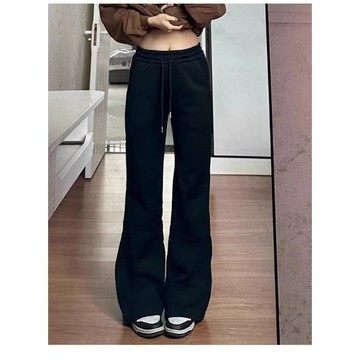 5930L_深灰色微喇休閑褲女秋季顯瘦梨形身材喇叭衛褲子