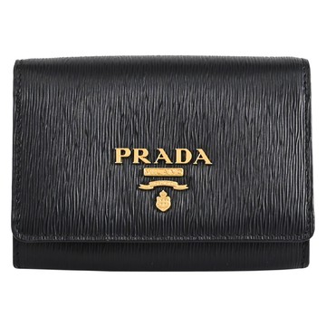PRADA 1MH026 浮雕LOGO水波紋皮革扣式零錢卡包.黑