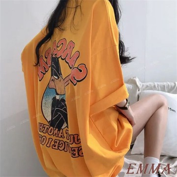 卡通短袖T恤女裝 夏季ins潮韓版 夏季新款小衆設計感簡約通勤卡通印花中長款寬鬆 oversize 圓領短袖T恤 上衣女