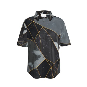 金色線條與高級神秘別緻大理石圖案 時髦鈕釦襯衫 短袖款
