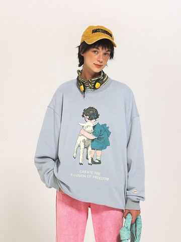 UNVESNO 潮牌復古插畫寬松休閒衛衣印花情侶長袖基礎上衣SWS-1575