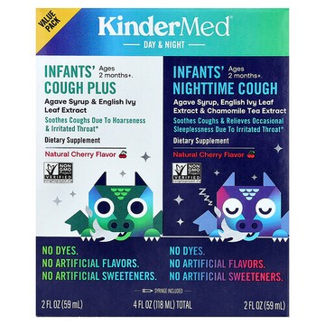 KinderFarms, KinderMed®，嬰兒加強版咳嗽緩解配方和嬰兒夜間咳嗽緩解配方，2 個月以上，天然櫻桃味，2 瓶，每瓶 2 液量盎司（59 毫升）