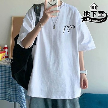 情侶短T恤 韓版打嗝龍印花寬鬆大尺碼8XL落肩學生休閒百搭五分袖短袖上衣【NL622013】
