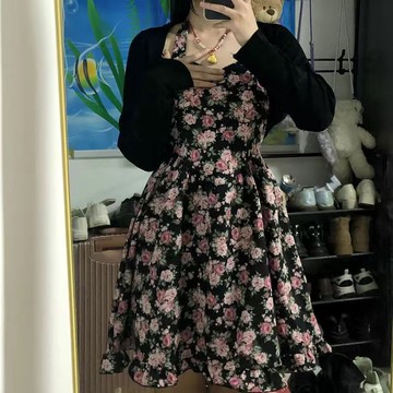 碎花吊帶連衣裙套裝女夏針織披肩罩衫甜美甜辣風收腰短裙子兩件套新款