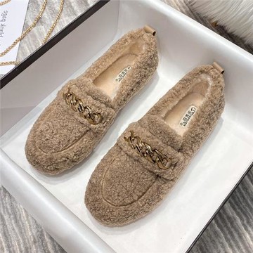 豆豆鞋女秋冬季加絨厚底毛毛鞋女外穿羊羔毛棉瓢鞋大碼女鞋41到43