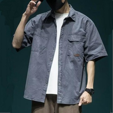 工裝短袖 男生短袖 復古日系襯衫男士夏季薄款口袋短袖襯衣美式寬鬆大碼工裝半袖上衣0625