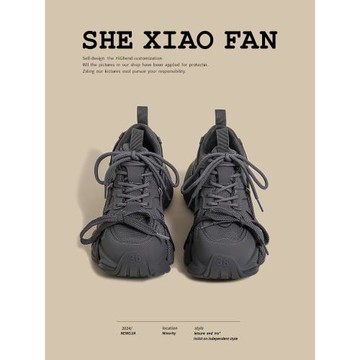 厚底老爹鞋女2025冬季新款做舊灰色雙鞋帶小眾設計感加絨運動鞋潮