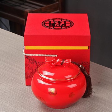 中國紅如意茶葉罐禮盒套裝陶瓷半斤裝密封罐碧螺春綠茶紅茶罐子
