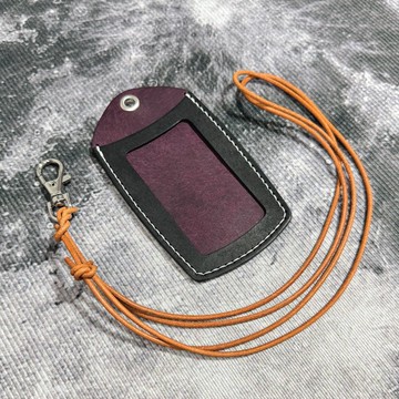 皮革掛頸證件套 - 直立式識別證 - 附可調節頸繩 - 包刻字壓字