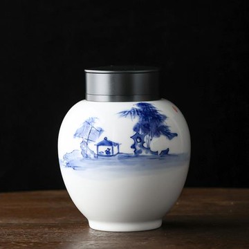 純手繪竹林茶舍茶葉罐防潮密封儲存罐子精品高檔便攜陶瓷裝茶容器