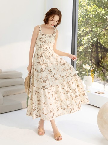 質感印花收腰無袖長洋裝