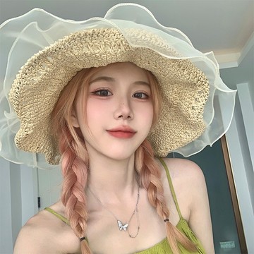 🌞日系ins氣質蕾絲大帽簷顯臉小草帽女夏季度假海邊沙灘防晒太陽帽優質