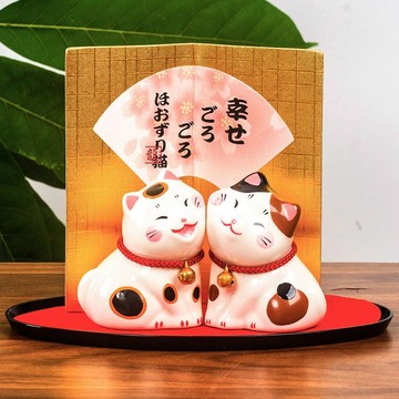 日本京都龍虎作 開運招福日式貼臉貓咪 陶瓷桌面創意擺件生日禮物
